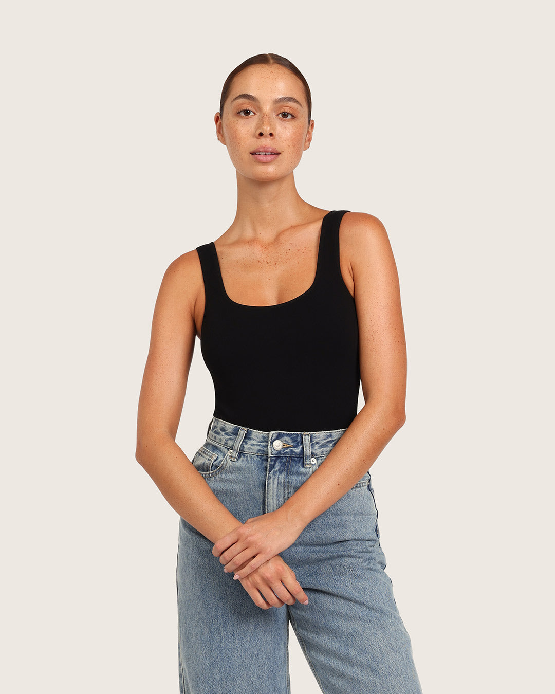 Ribbed Square Neck Bodysuit - Black