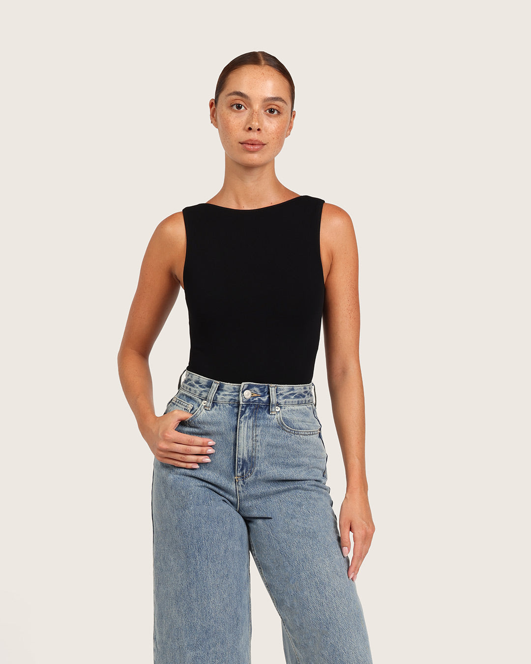 Ribbed Boat Neck Bodysuit - Black