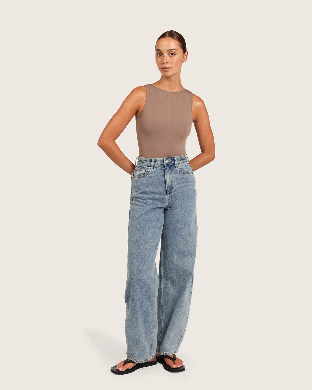 Ribbed Boat Neck Bodysuit - Taupe